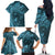 Hawaiian Manta Ray and Polynesian Tribal Tattoo Family Matching Off The Shoulder Long Sleeve Dress and Hawaiian Shirt Turquoise Color LT03