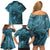 Hawaiian Manta Ray and Polynesian Tribal Tattoo Family Matching Off Shoulder Short Dress and Hawaiian Shirt Turquoise Color LT03