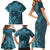 Hawaiian Manta Ray and Polynesian Tribal Tattoo Family Matching Short Sleeve Bodycon Dress and Hawaiian Shirt Turquoise Color LT03