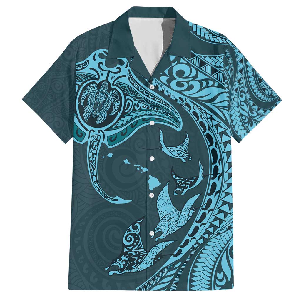 Hawaiian Manta Ray and Polynesian Tribal Tattoo Hawaiian Shirt Turquoise Color LT03 Turquoise - Polynesian Pride