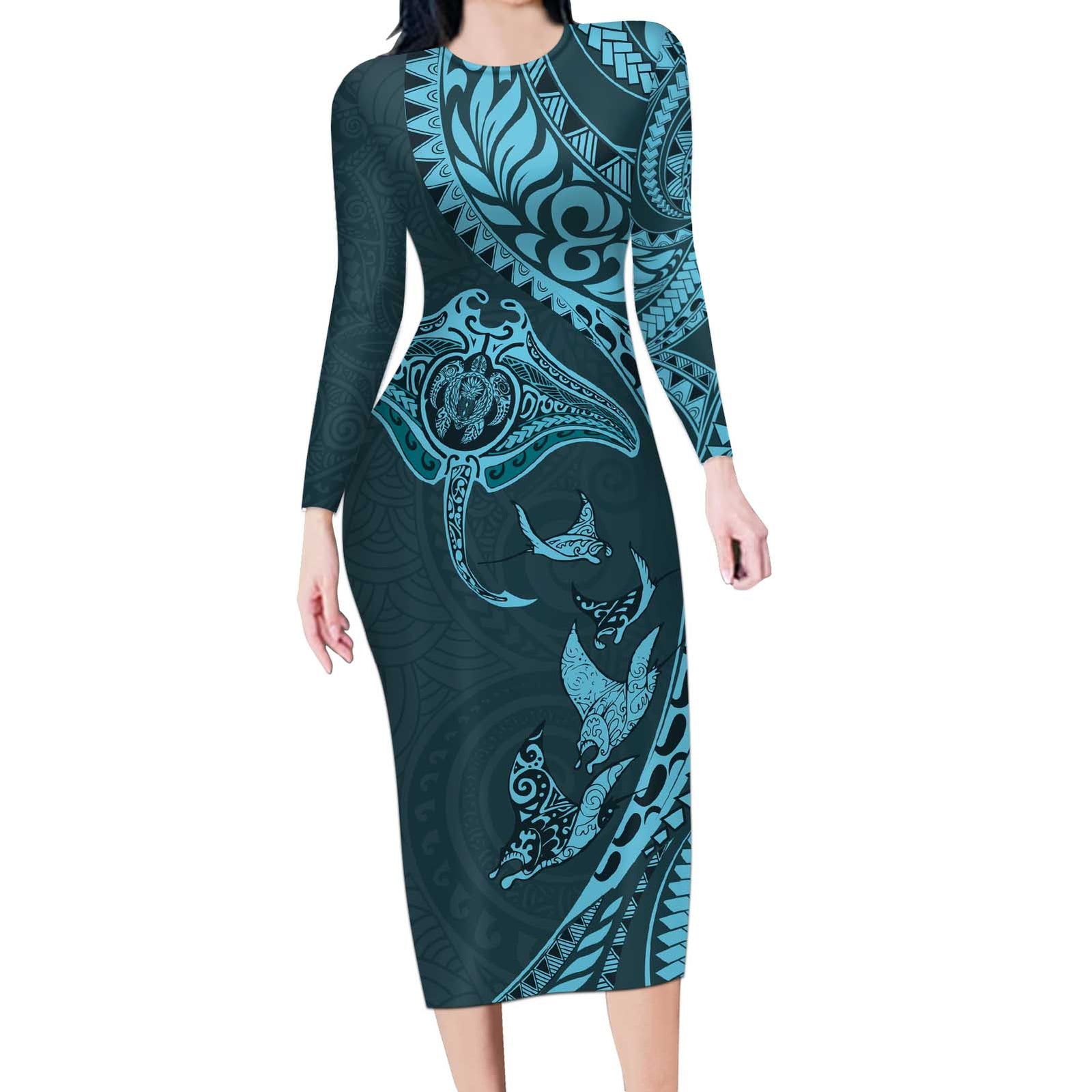 Hawaiian Manta Ray and Polynesian Tribal Tattoo Long Sleeve Bodycon Dress Turquoise Color LT03 Long Dress Turquoise - Polynesian Pride