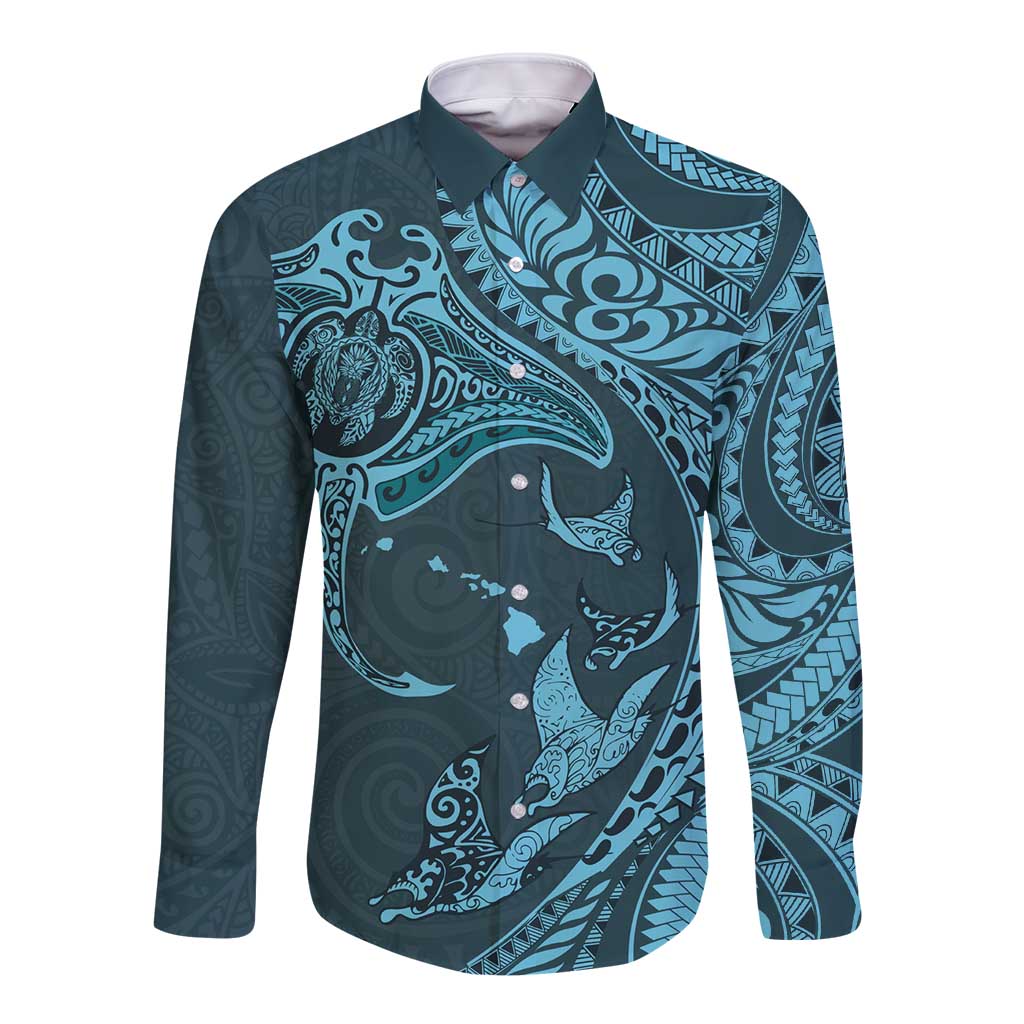 Hawaiian Manta Ray and Polynesian Tribal Tattoo Long Sleeve Button Shirt Turquoise Color LT03 Unisex Turquoise - Polynesian Pride