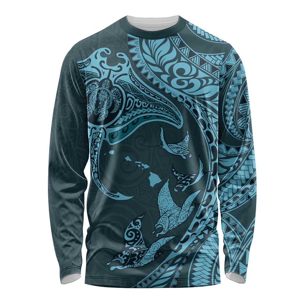 Hawaii Manta Ray Polynesian Tribal Tattoo – Long Sleeve Shirt – Turquoise LT03 Unisex Turquoise - Polynesian Pride