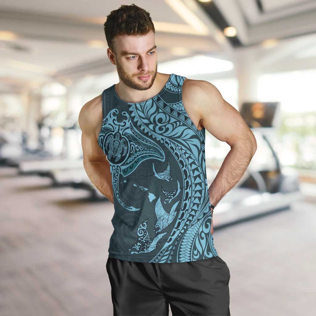 Hawaiian Manta Ray and Polynesian Tribal Tattoo Men Tank Top Turquoise Color LT03 Turquoise - Polynesian Pride
