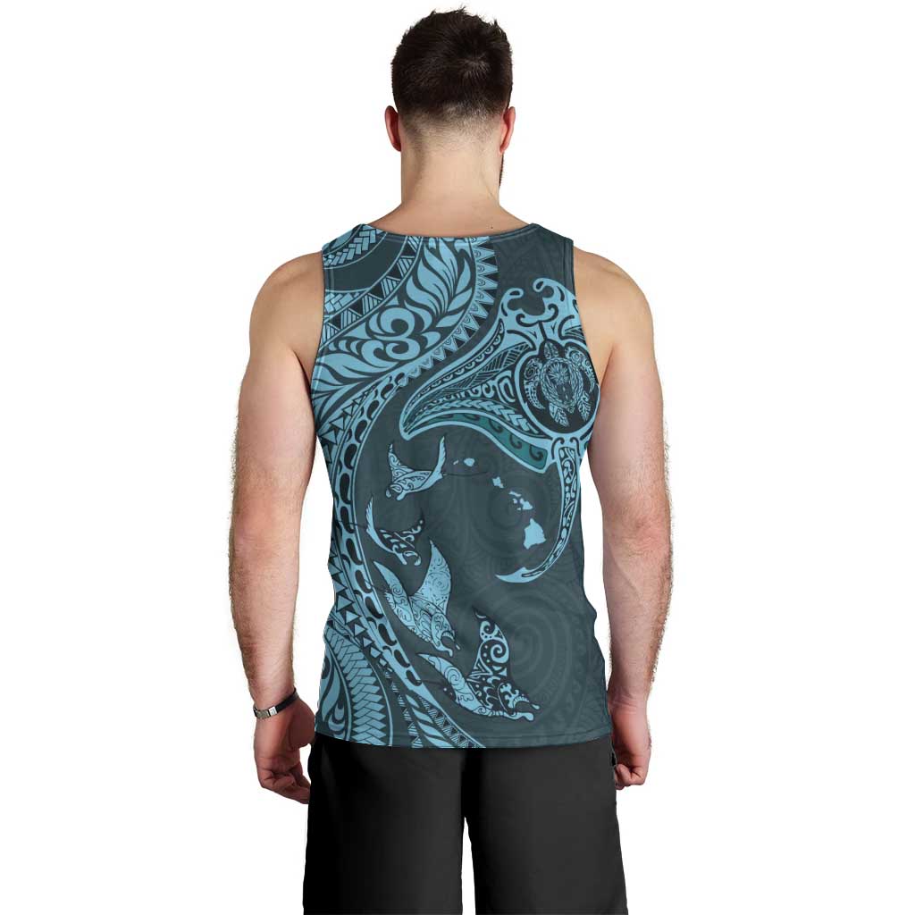 Hawaiian Manta Ray and Polynesian Tribal Tattoo Men Tank Top Turquoise Color LT03 - Polynesian Pride