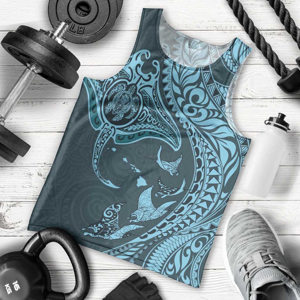 Hawaiian Manta Ray and Polynesian Tribal Tattoo Men Tank Top Turquoise Color LT03 - Polynesian Pride