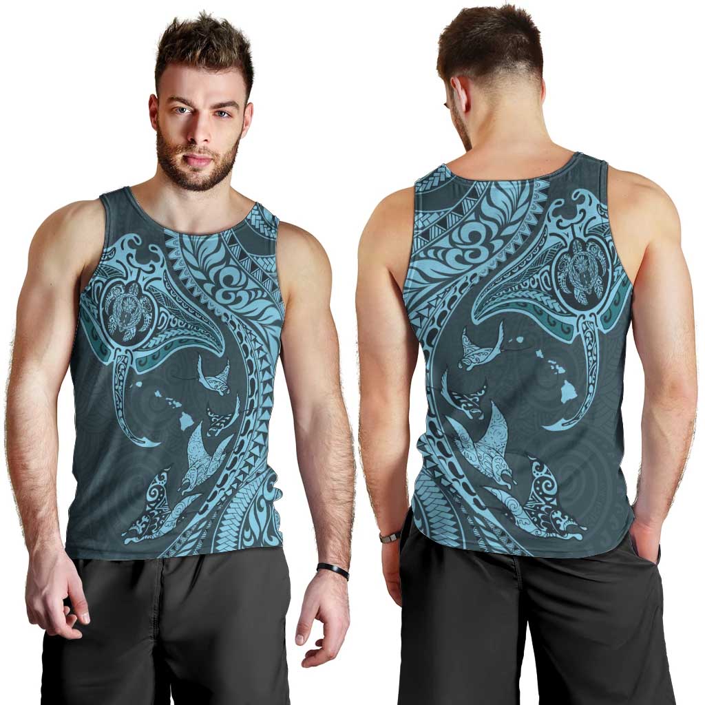 Hawaiian Manta Ray and Polynesian Tribal Tattoo Men Tank Top Turquoise Color LT03 - Polynesian Pride
