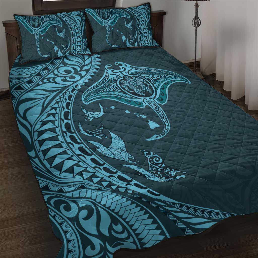 Hawaiian Manta Ray and Polynesian Tribal Tattoo Quilt Bed Set Turquoise Color LT03 Turquoise - Polynesian Pride