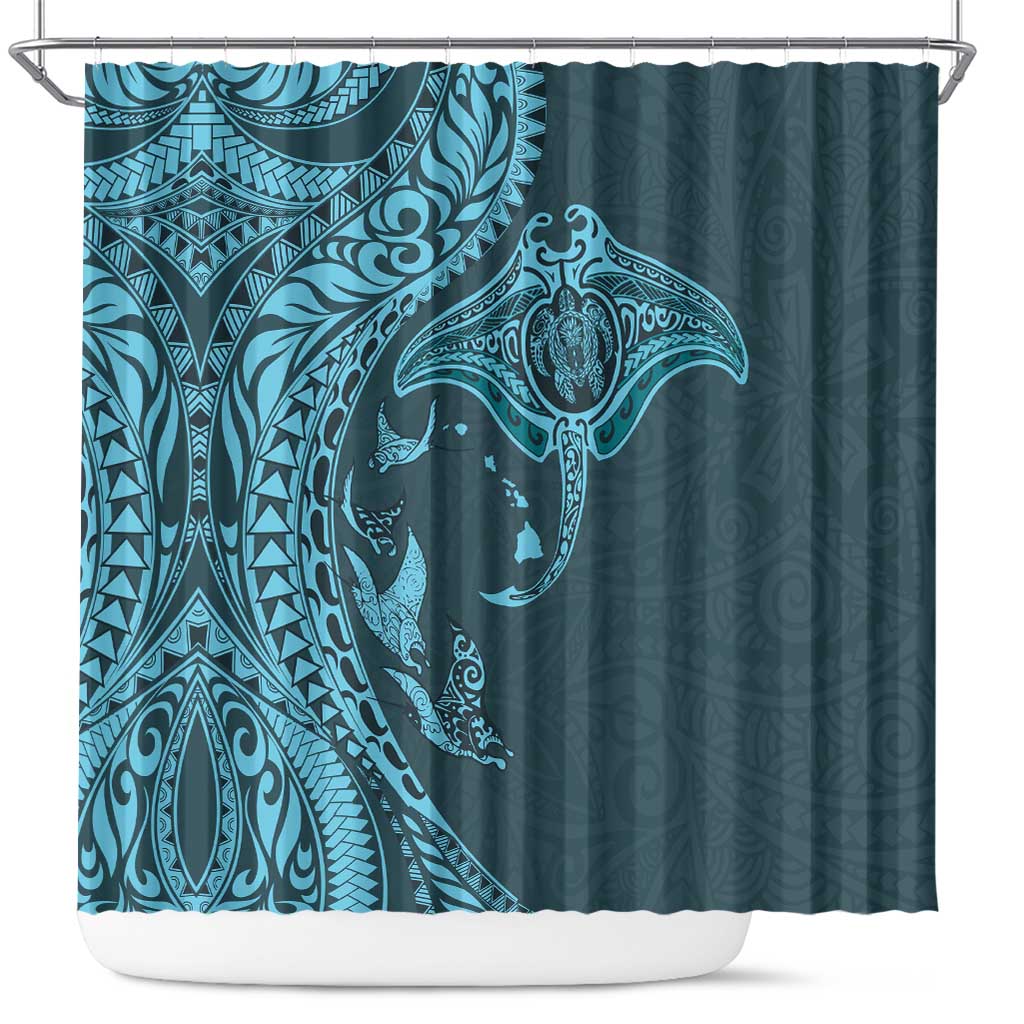 Hawaiian Manta Ray and Polynesian Tribal Tattoo Shower Curtain Turquoise Color LT03