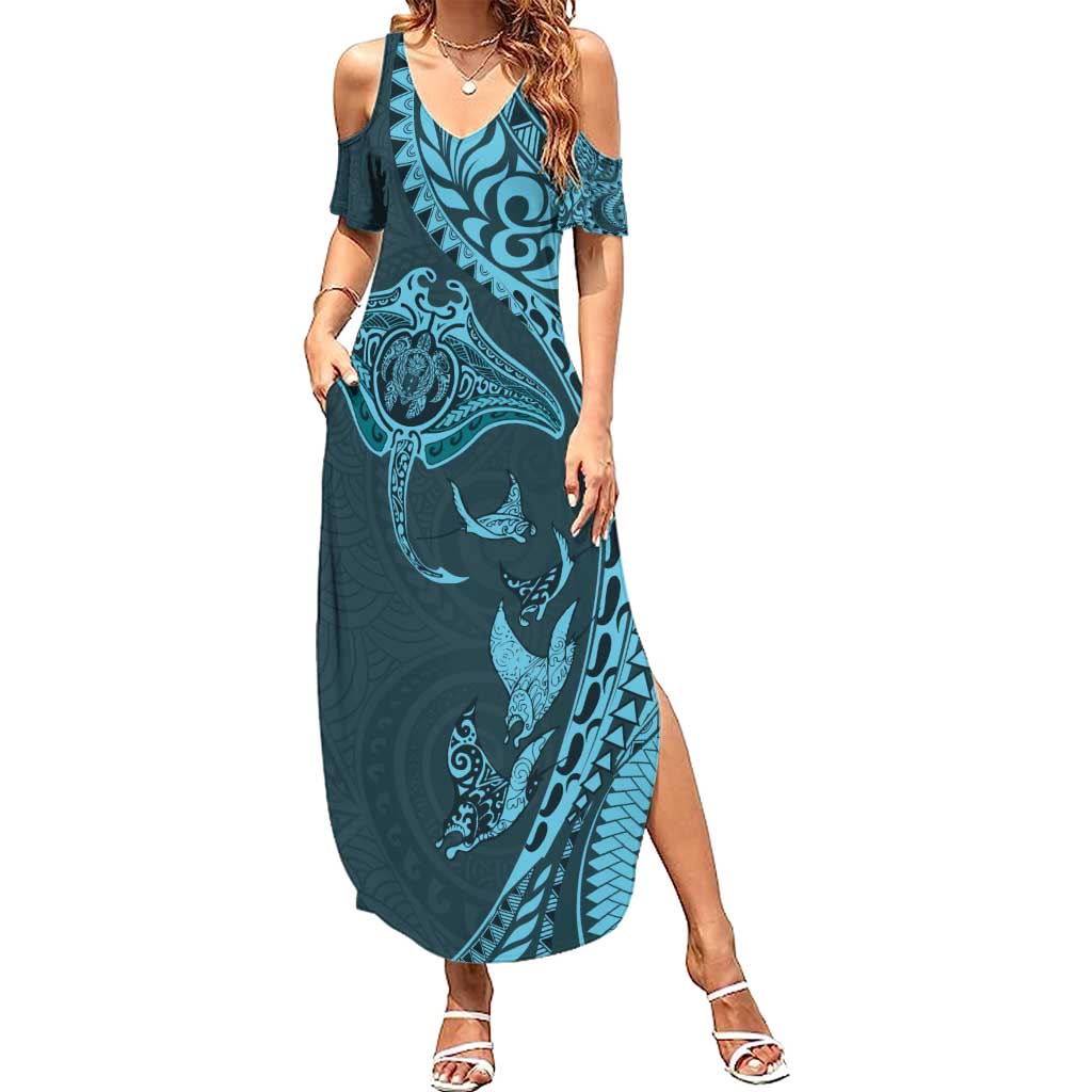 Hawaiian Manta Ray and Polynesian Tribal Tattoo Summer Maxi Dress Turquoise Color LT03 Women Turquoise - Polynesian Pride