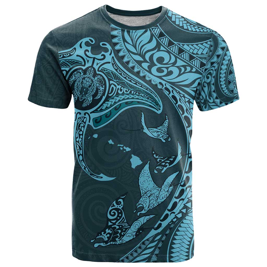 Hawaiian Manta Ray and Polynesian Tribal Tattoo T Shirt Turquoise Color LT03 Turquoise - Polynesian Pride