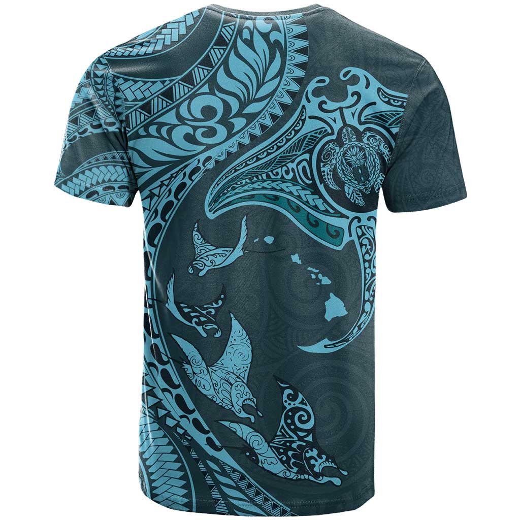 Hawaiian Manta Ray and Polynesian Tribal Tattoo T Shirt Turquoise Color LT03 - Polynesian Pride