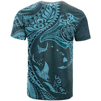Hawaiian Manta Ray and Polynesian Tribal Tattoo T Shirt Turquoise Color LT03 - Polynesian Pride