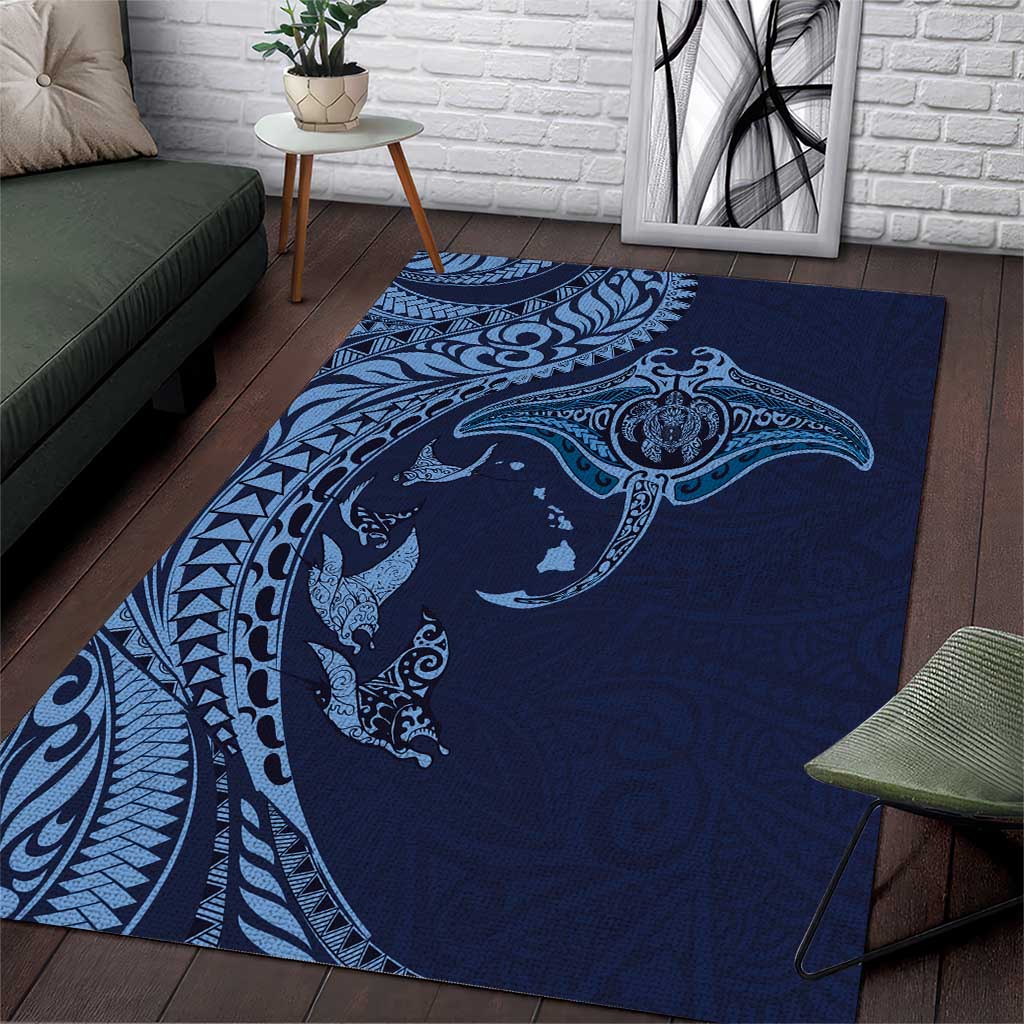 Hawaiian Manta Ray and Polynesian Tribal Tattoo Area Rug Dark Navy Color LT03 Dark Navy - Polynesian Pride