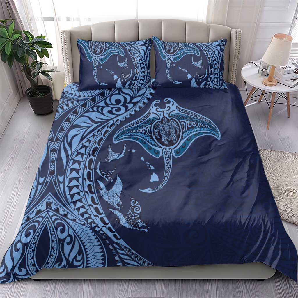 Hawaiian Manta Ray and Polynesian Tribal Tattoo Bedding Set Dark Navy Color LT03 - Polynesian Pride