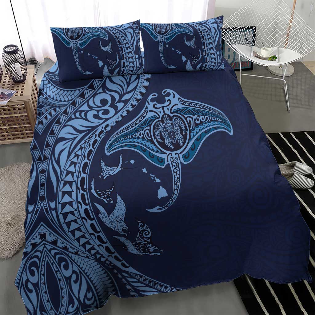 Hawaiian Manta Ray and Polynesian Tribal Tattoo Bedding Set Dark Navy Color LT03 - Polynesian Pride