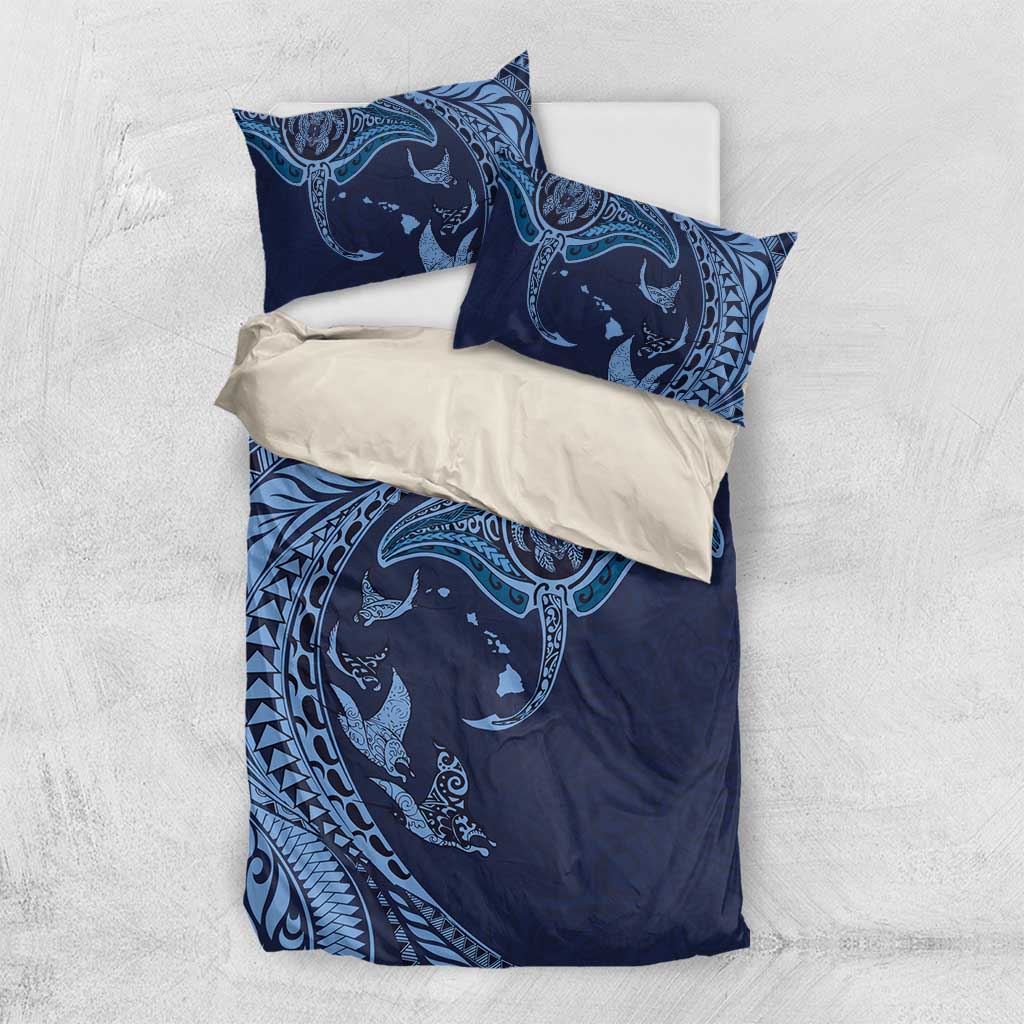 Hawaiian Manta Ray and Polynesian Tribal Tattoo Bedding Set Dark Navy Color LT03 US Twin 172cm x 218cm Dark Navy - Polynesian Pride