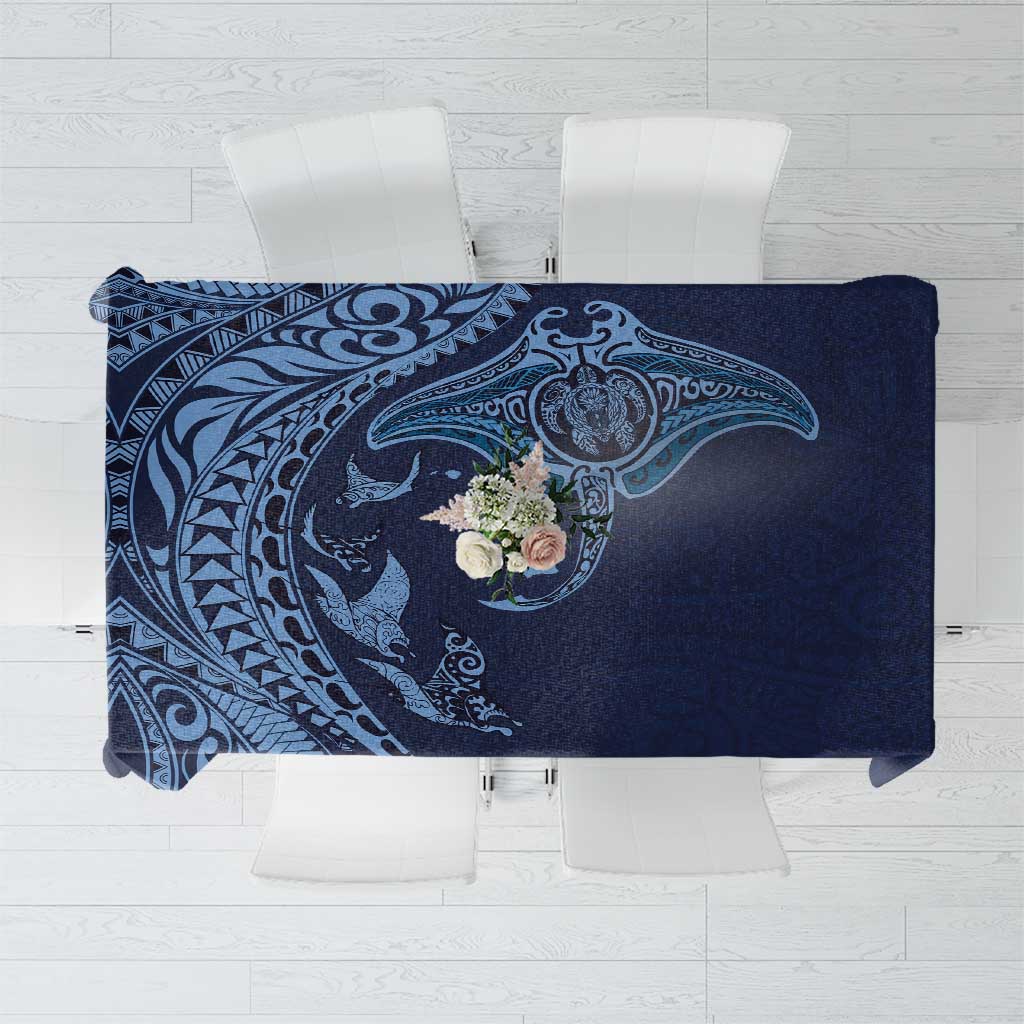 Hawaiian Manta Ray and Polynesian Tribal Tattoo Tablecloth Dark Navy Color LT03