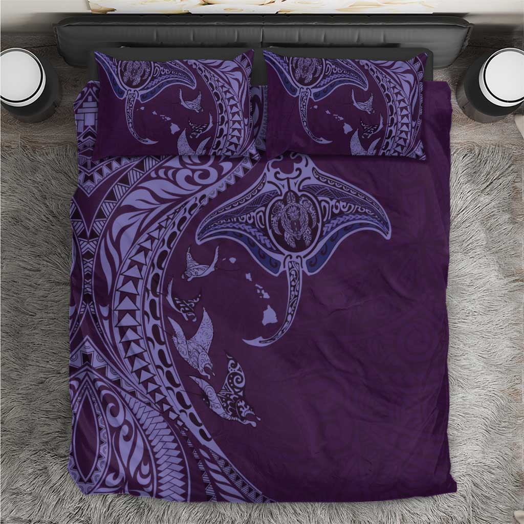 Hawaiian Manta Ray and Polynesian Tribal Tattoo Bedding Set Purple Color LT03