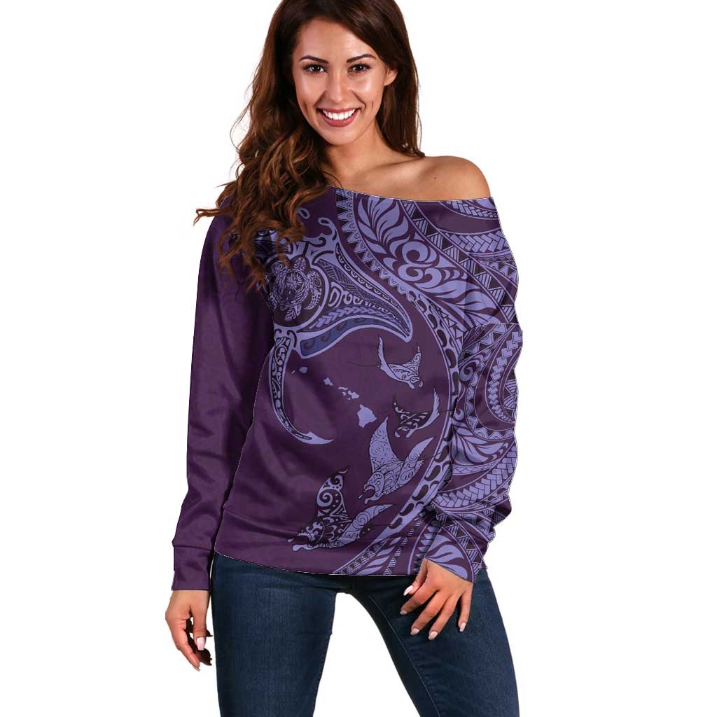Hawaiian Manta Ray and Polynesian Tribal Tattoo Off Shoulder Sweater Purple Color LT03 Women Purple - Polynesian Pride