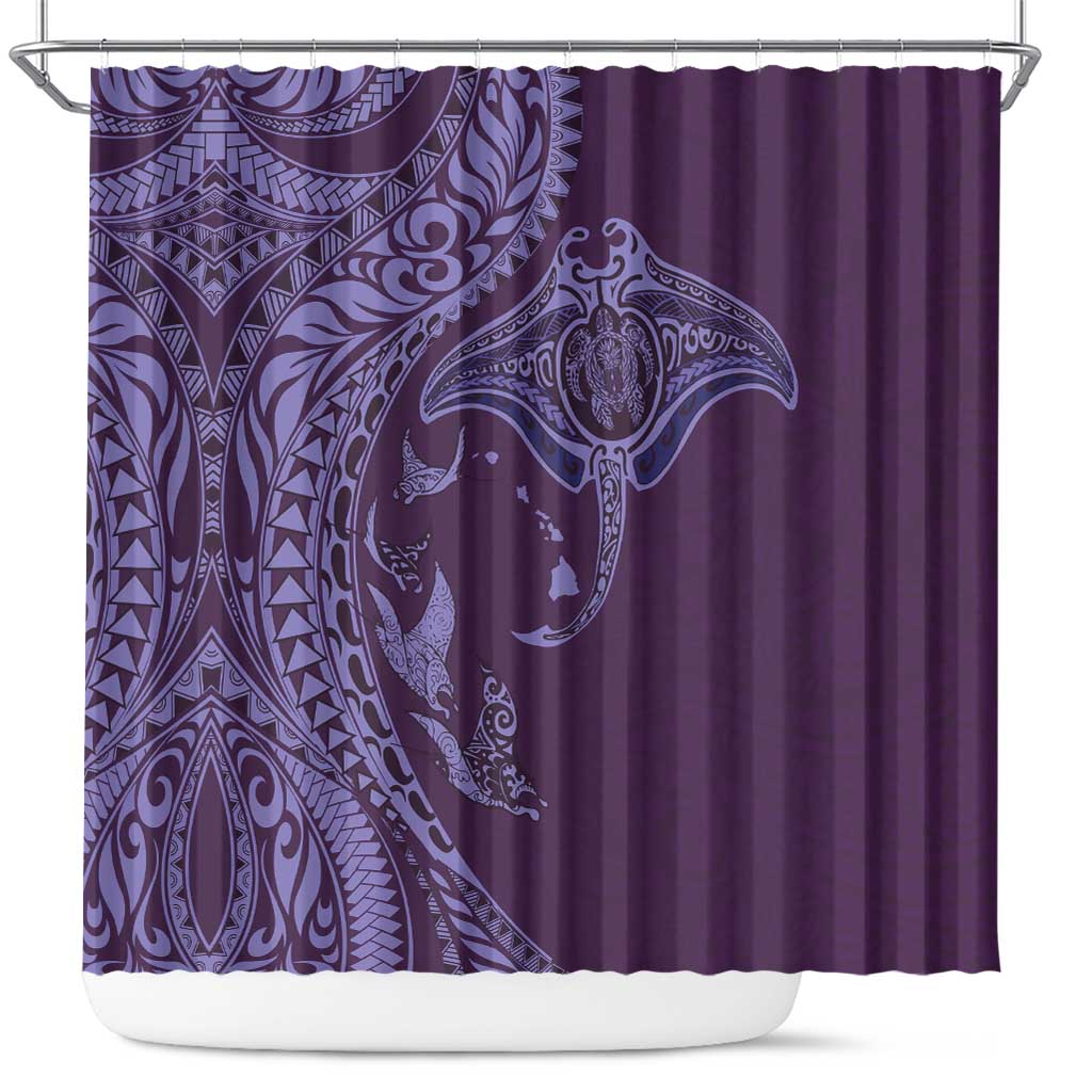 Hawaiian Manta Ray and Polynesian Tribal Tattoo Shower Curtain Purple Color LT03