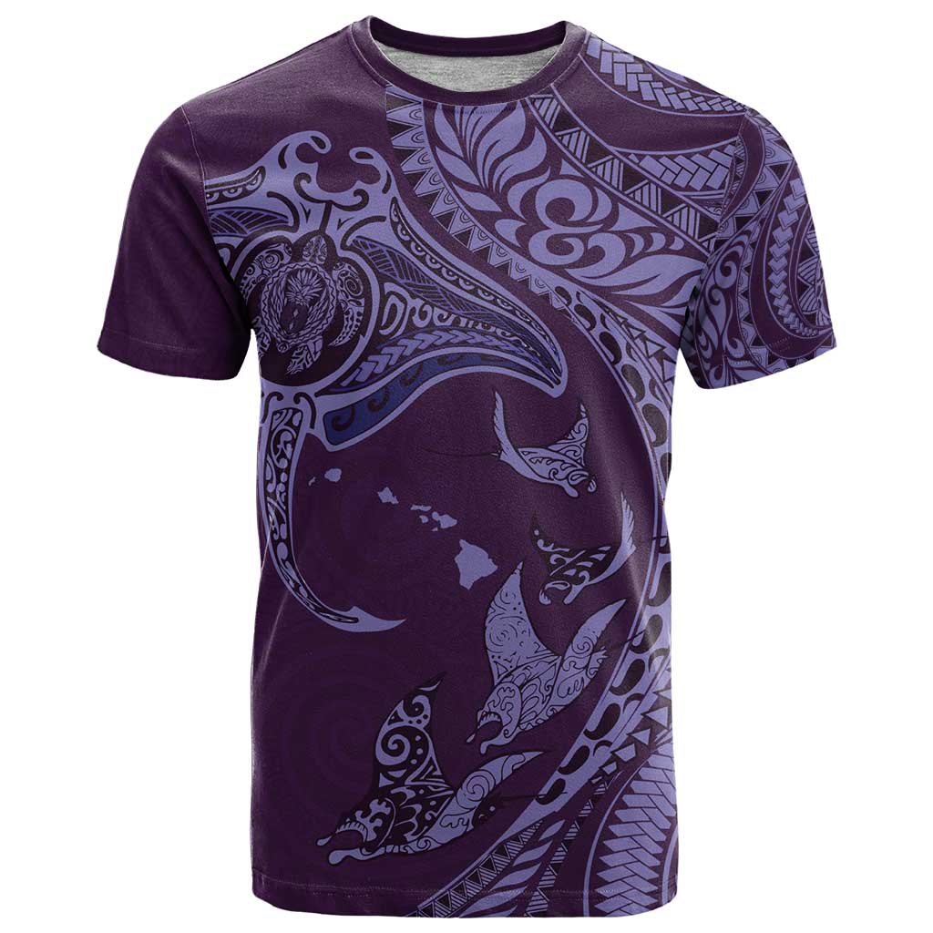 Hawaiian Manta Ray and Polynesian Tribal Tattoo T Shirt Purple Color LT03 Purple - Polynesian Pride