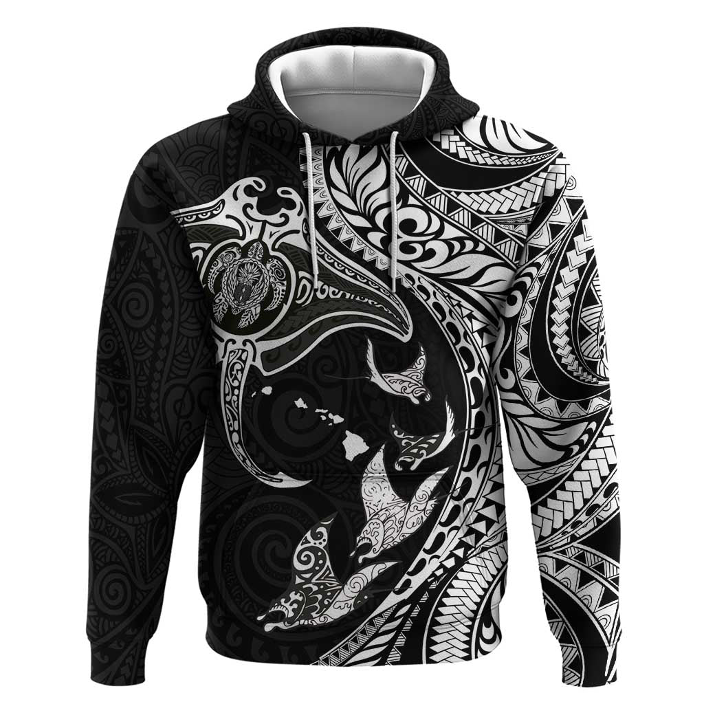 Hawaiian Manta Ray and Polynesian Tribal Tattoo Hoodie Black Color LT03