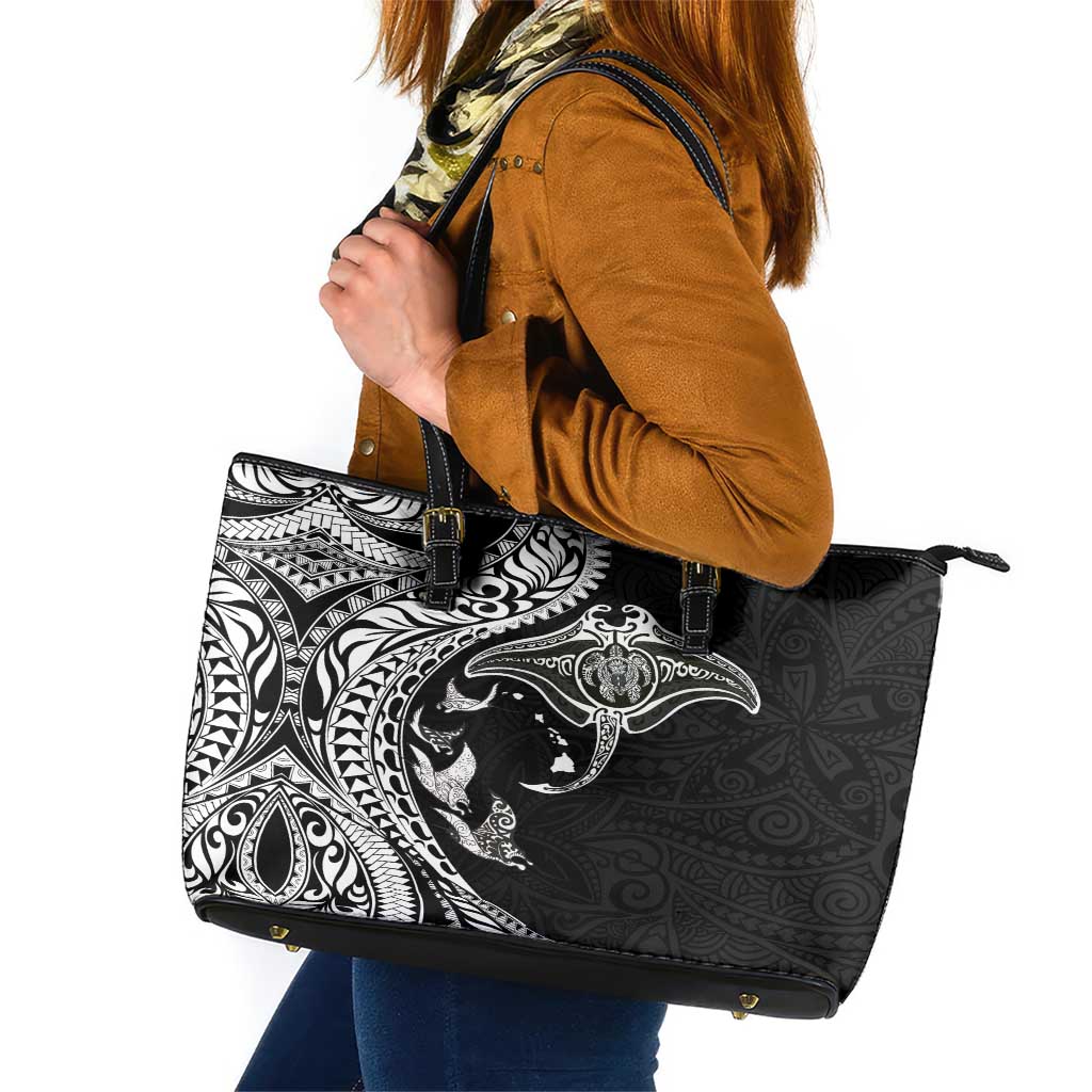 Hawaiian Manta Ray and Polynesian Tribal Tattoo Leather Tote Bag Black Color LT03 Black - Polynesian Pride