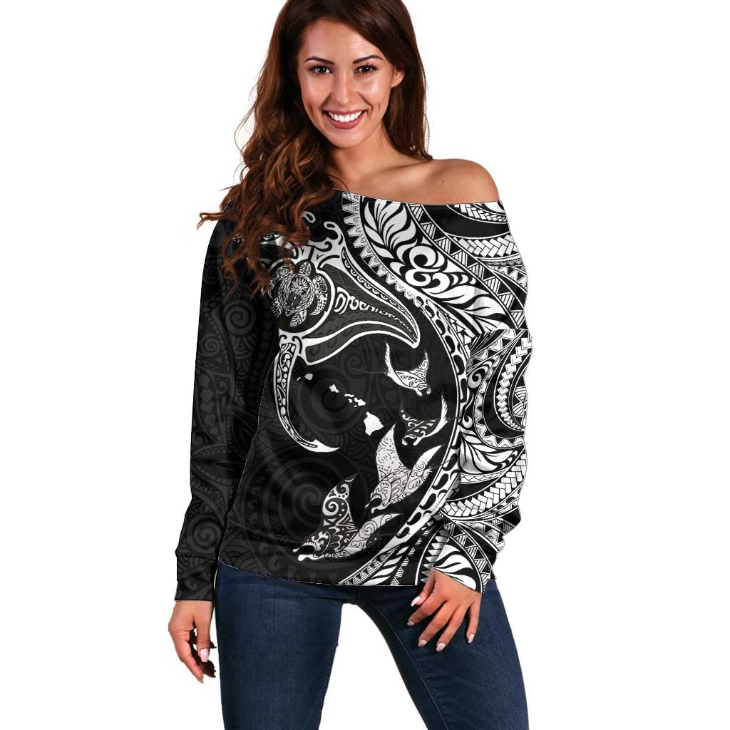 Hawaiian Manta Ray and Polynesian Tribal Tattoo Off Shoulder Sweater Black Color LT03 Women Black - Polynesian Pride