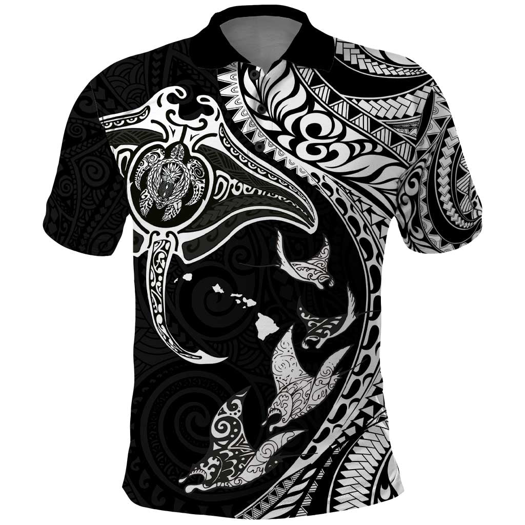 Hawaiian Manta Ray and Polynesian Tribal Tattoo Polo Shirt Black Color LT03