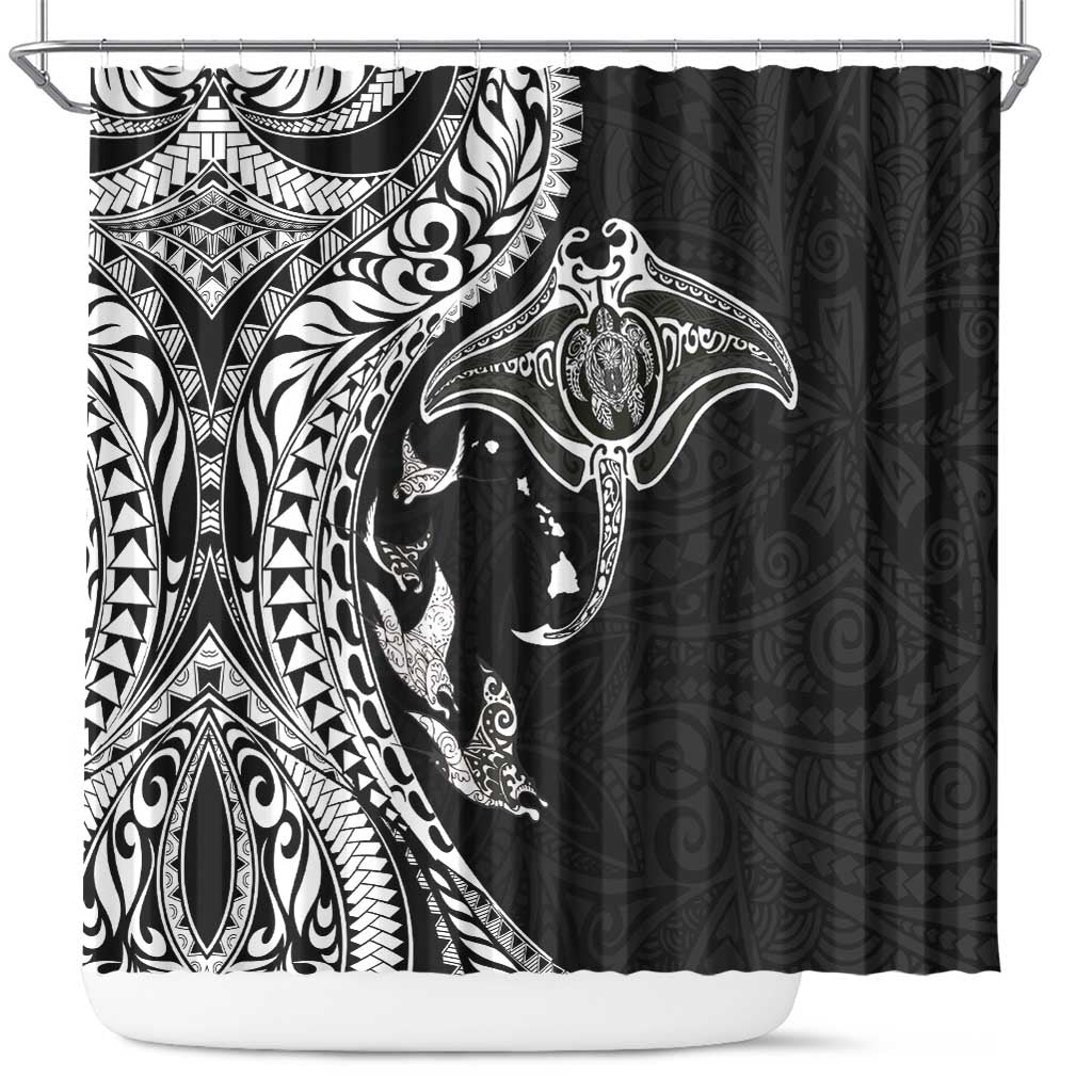 Hawaiian Manta Ray and Polynesian Tribal Tattoo Shower Curtain Black Color LT03