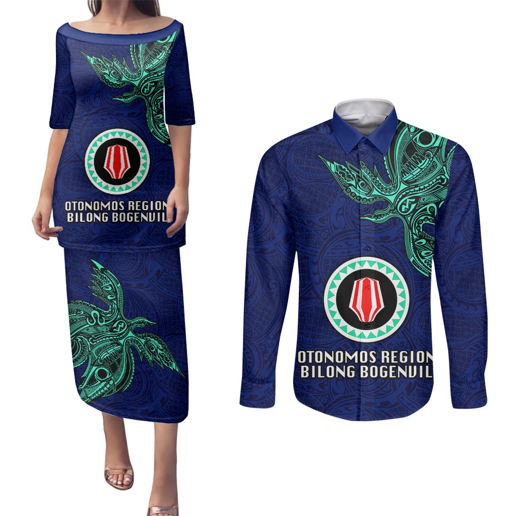 Custom Papua New Guinea Bougainville Couples Matching Puletasi Dress and Long Sleeve Button Shirts PNG Birds Of Paradise Polynesian Arty Style LT03 Blue - Polynesian Pride