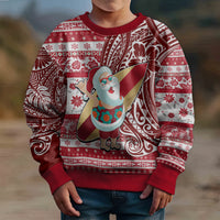 Hawaii Mele Kalikimaka Kid Ugly Christmas Sweater Santa Claus Surfing with Hawaiian Pattern Striped Red Style LT03 - Polynesian Pride