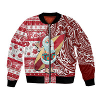 Custom Hawaii Mele Kalikimaka Bomber Jacket Santa Claus Surfing with Hawaiian Pattern Striped Red Style LT03 Unisex Red - Polynesian Pride