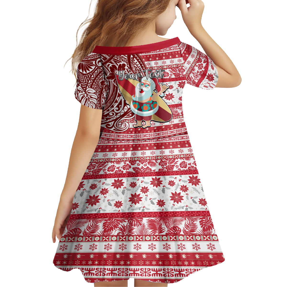 Custom Hawaii Mele Kalikimaka Kid Short Sleeve Dress Santa Claus Surfing with Hawaiian Pattern Striped Red Style LT03 - Polynesian Pride