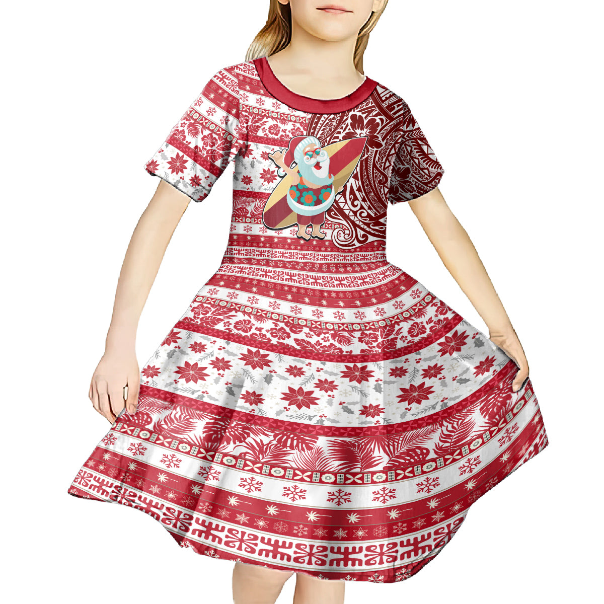 Custom Hawaii Mele Kalikimaka Kid Short Sleeve Dress Santa Claus Surfing with Hawaiian Pattern Striped Red Style LT03 - Polynesian Pride