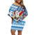 Hawaii Mele Kalikimaka Family Matching Off Shoulder Short Dress and Hawaiian Shirt Santa Claus Surfing with Hawaiian Pattern Striped Blue Style LT03 Mom's Dress Blue - Polynesian Pride