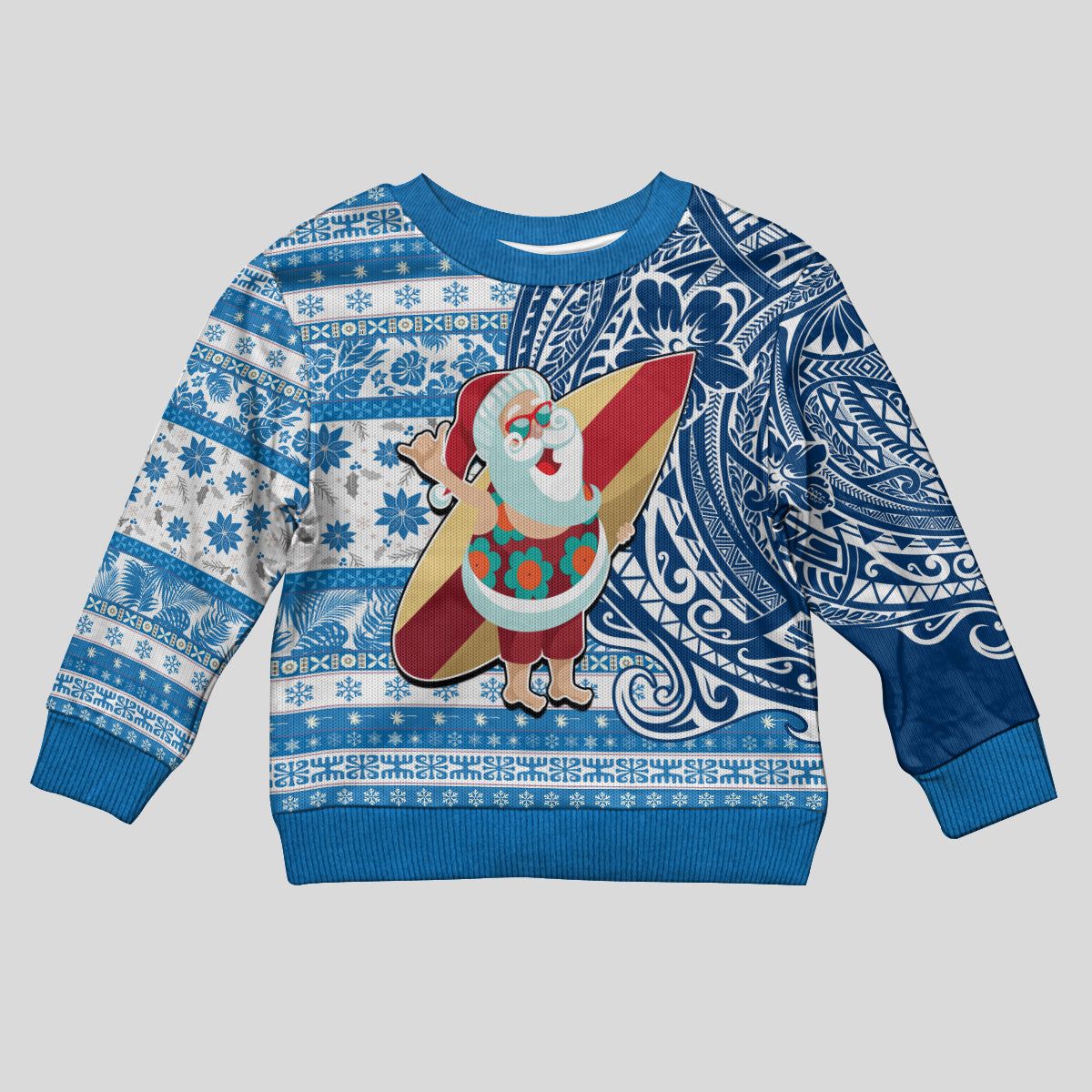 Hawaii Mele Kalikimaka Kid Ugly Christmas Sweater Santa Claus Surfing with Hawaiian Pattern Striped Blue Style LT03 Kid Blue - Polynesian Pride