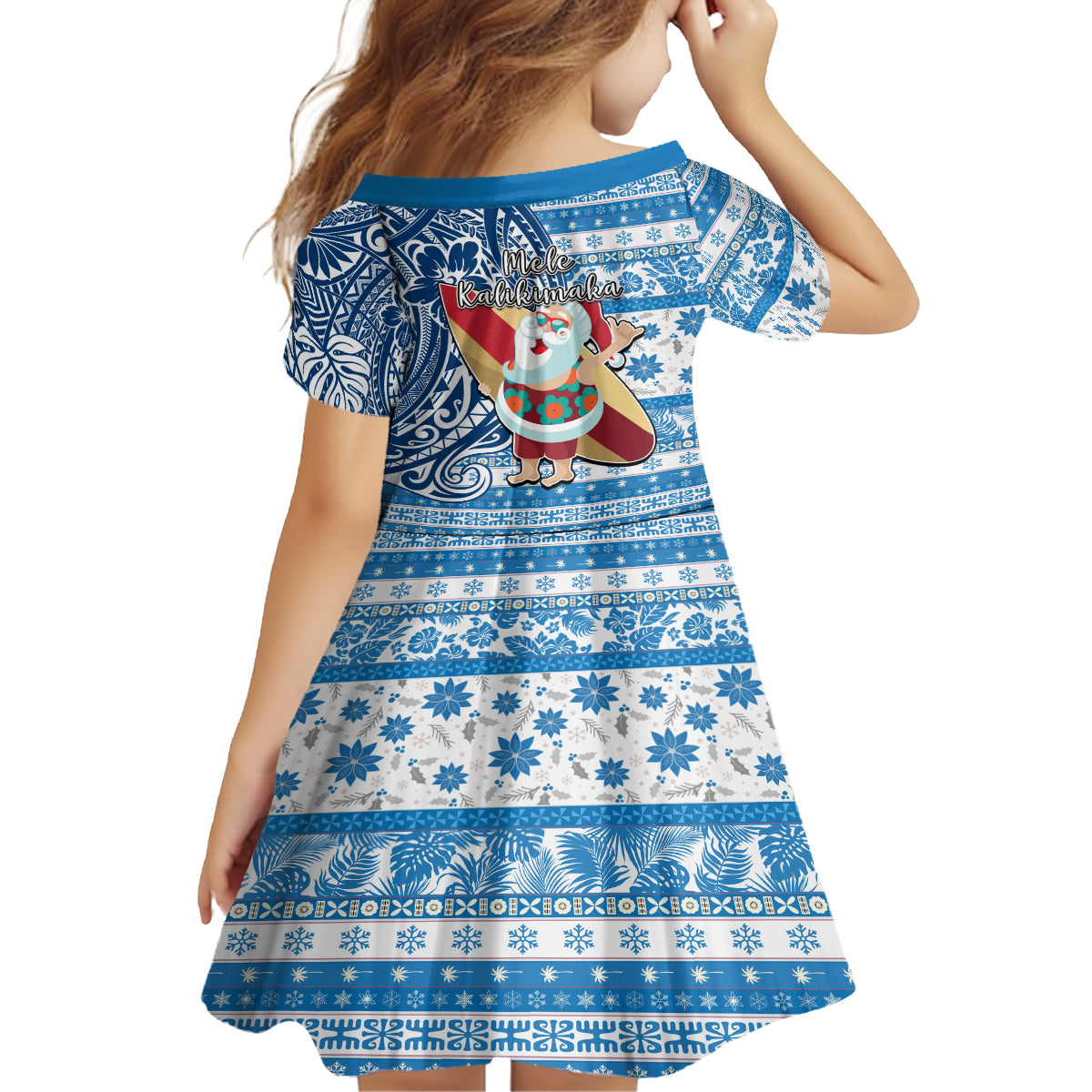 Hawaii Mele Kalikimaka Kid Short Sleeve Dress Santa Claus Surfing with Hawaiian Pattern Striped Blue Style LT03 - Polynesian Pride