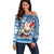 Hawaii Mele Kalikimaka Off Shoulder Sweater Santa Claus Surfing with Hawaiian Pattern Striped Blue Style LT03 Women Blue - Polynesian Pride