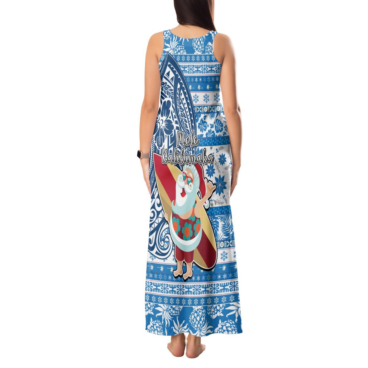 Hawaii Mele Kalikimaka Tank Maxi Dress Santa Claus Surfing with Hawaiian Pattern Striped Blue Style LT03 - Polynesian Pride