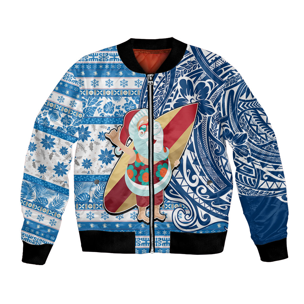 Custom Hawaii Mele Kalikimaka Bomber Jacket Santa Claus Surfing with Hawaiian Pattern Striped Blue Style LT03 Unisex Blue - Polynesian Pride