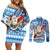 Custom Hawaii Mele Kalikimaka Couples Matching Off Shoulder Short Dress and Long Sleeve Button Shirt Santa Claus Surfing with Hawaiian Pattern Striped Blue Style LT03 Blue - Polynesian Pride