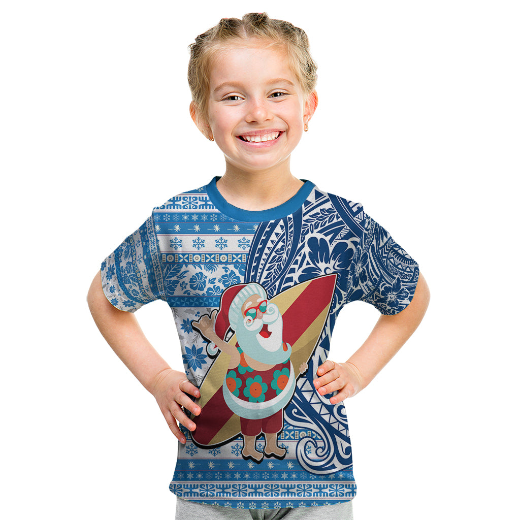 Custom Hawaii Mele Kalikimaka Kid T Shirt Santa Claus Surfing with Hawaiian Pattern Striped Blue Style LT03 Blue - Polynesian Pride