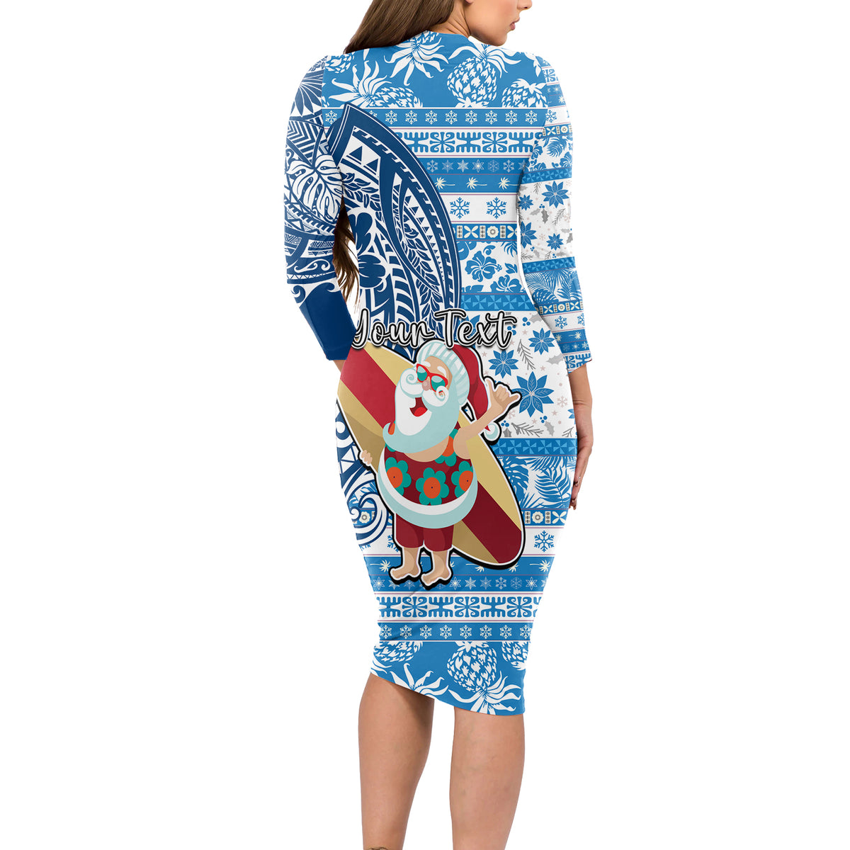 Custom Hawaii Mele Kalikimaka Long Sleeve Bodycon Dress Santa Claus Surfing with Hawaiian Pattern Striped Blue Style LT03 - Polynesian Pride
