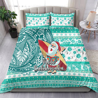 Hawaii Mele Kalikimaka Bedding Set Santa Claus Surfing with Hawaiian Pattern Striped Turquoise Style LT03 - Polynesian Pride