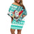 Hawaii Mele Kalikimaka Family Matching Off Shoulder Short Dress and Hawaiian Shirt Santa Claus Surfing with Hawaiian Pattern Striped Turquoise Style LT03 Mom's Dress Turquoise - Polynesian Pride