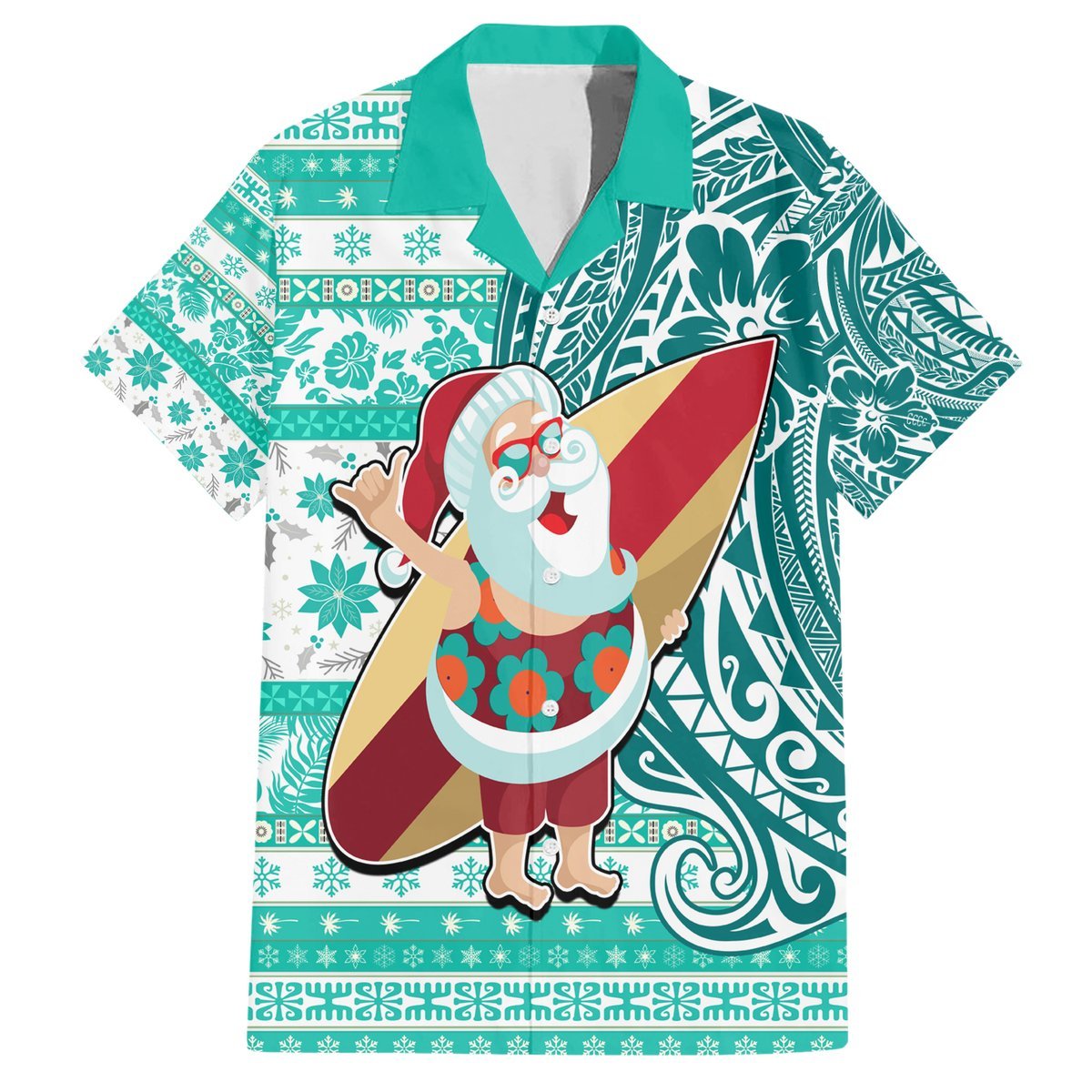 Hawaii Mele Kalikimaka Hawaiian Shirt Santa Claus Surfing with Hawaiian Pattern Striped Turquoise Style LT03 Turquoise - Polynesian Pride