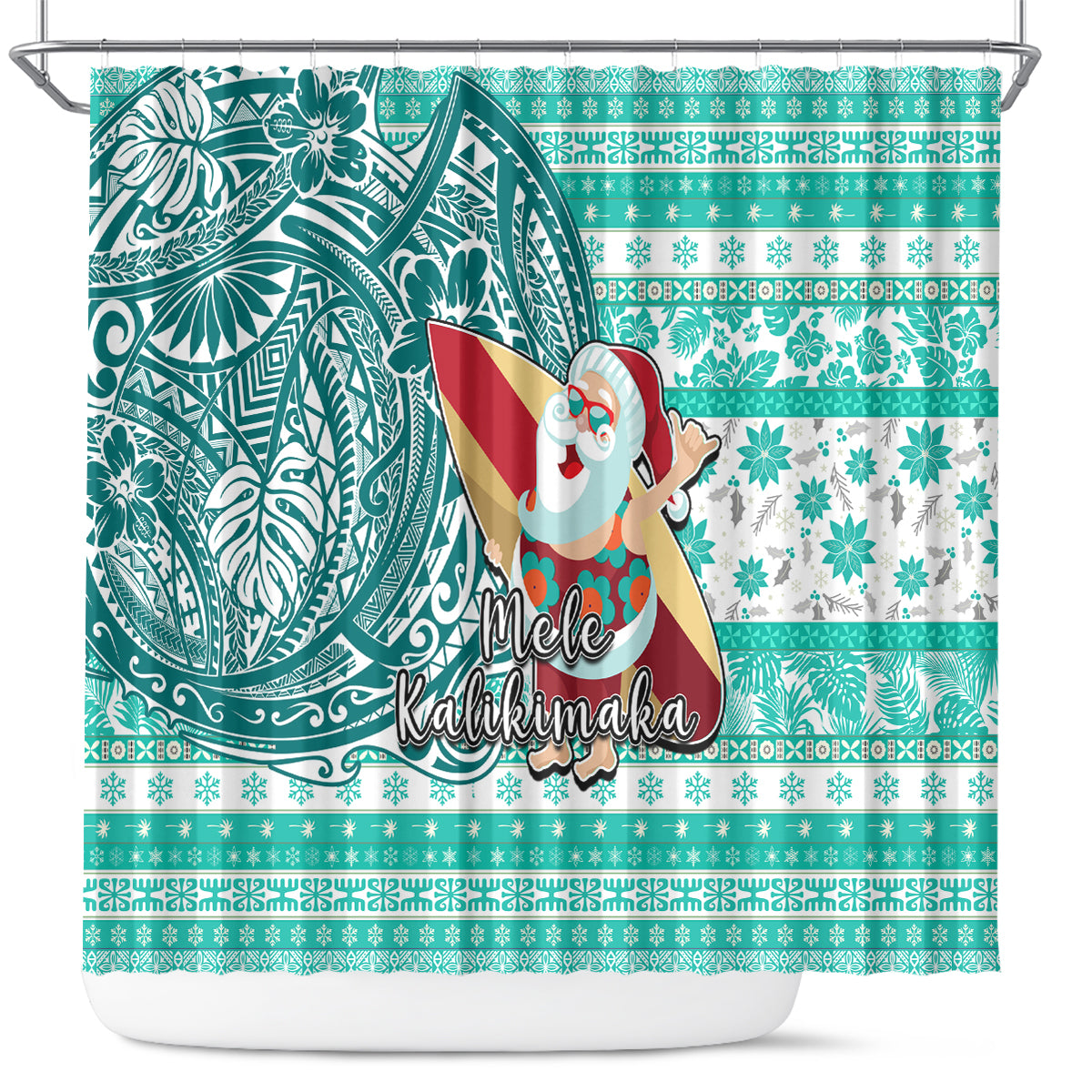 Hawaii Mele Kalikimaka Shower Curtain Santa Claus Surfing with Hawaiian Pattern Striped Turquoise Style LT03 Turquoise - Polynesian Pride