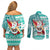 Custom Hawaii Mele Kalikimaka Couples Matching Off Shoulder Short Dress and Long Sleeve Button Shirt Santa Claus Surfing with Hawaiian Pattern Striped Turquoise Style LT03 - Polynesian Pride